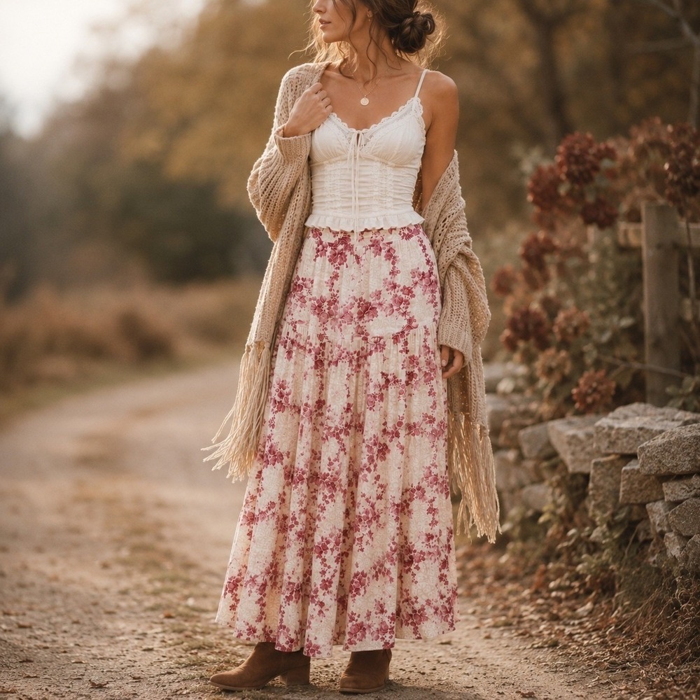 Olivaceous Maxi Skirt Red Cream Floral Linen Cotton Tiered Romantic Boho M
